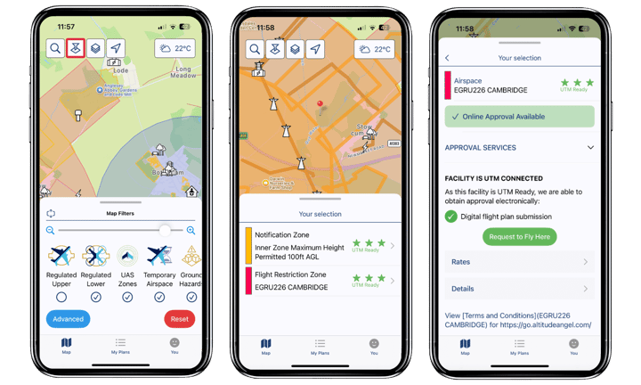 Different airspace types, map filter and airspace restrictions in Drone Assist (mobile)