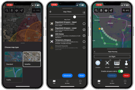 Drone Assist map views filters and intersecting flight area