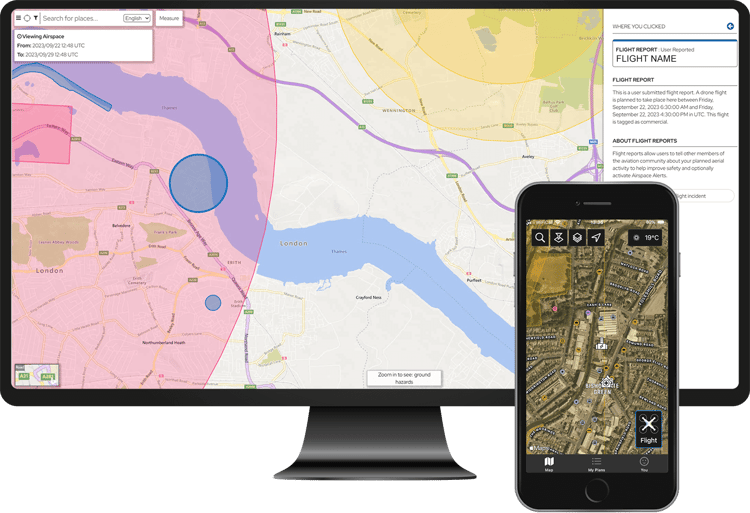 Drone safety map flight report  and DA map navigation
