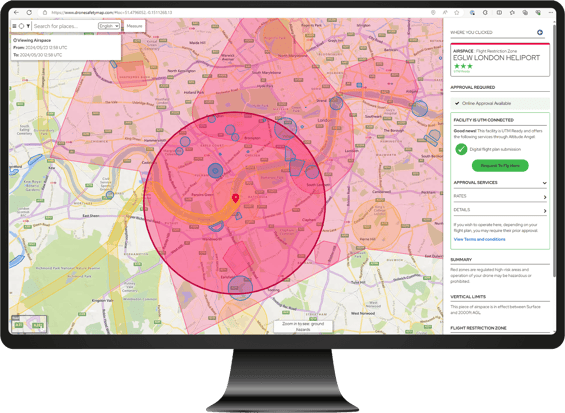 London Heliport_UTM Ready Drone Safety map view on monitor