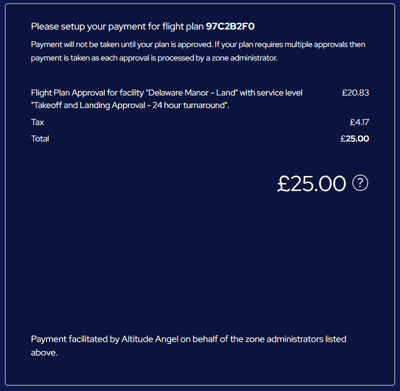 Altitude Angel payment portal message showing flight plan name and rate price