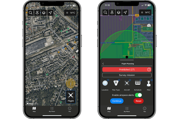 GoDrone satellite map view and airspace planning on iphone
