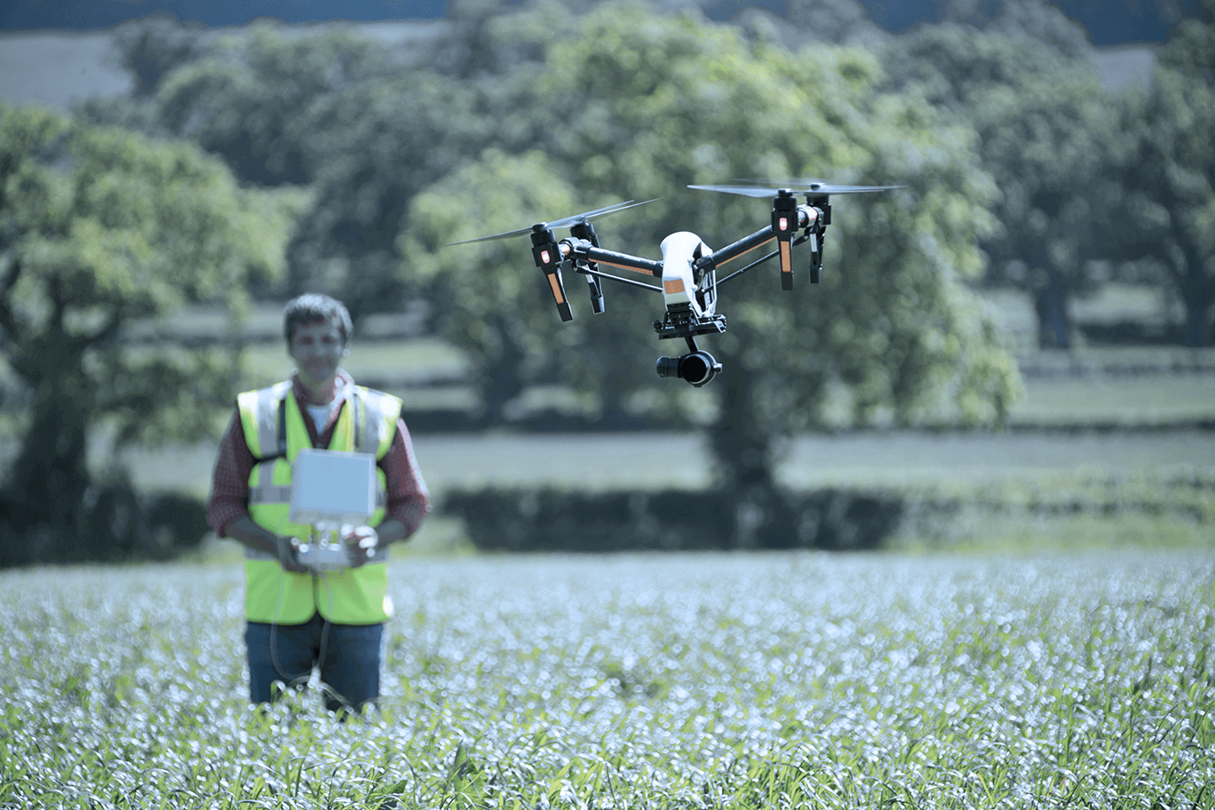 Drone pilot flying drone in field